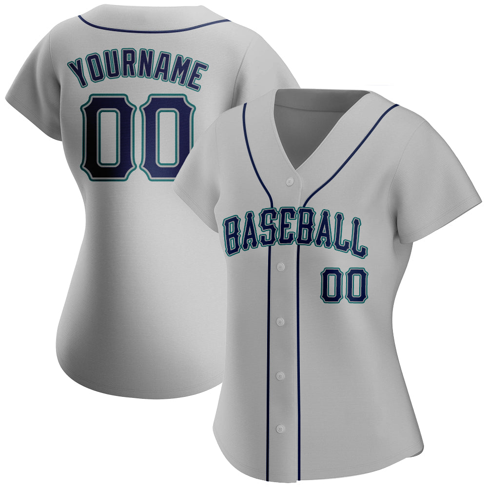 Custom Gray Navy-Teal Authentic Baseball Jersey view 2
