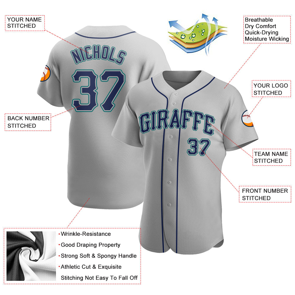 Custom Gray Navy-Teal Authentic Baseball Jersey view 3