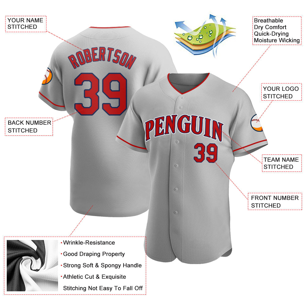 Custom Gray Red-Navy Authentic Baseball Jersey view 3