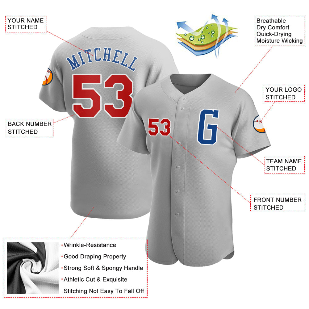 Custom Gray Red-Royal Authentic Baseball Jersey view 3