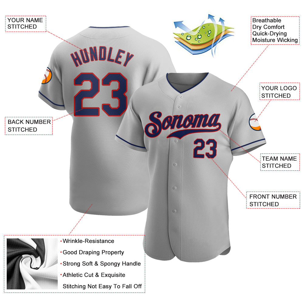 Custom Gray Navy-Red Authentic Baseball Jersey view 3