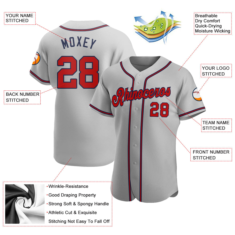 Custom Gray Red-Navy Authentic Baseball Jersey view 3