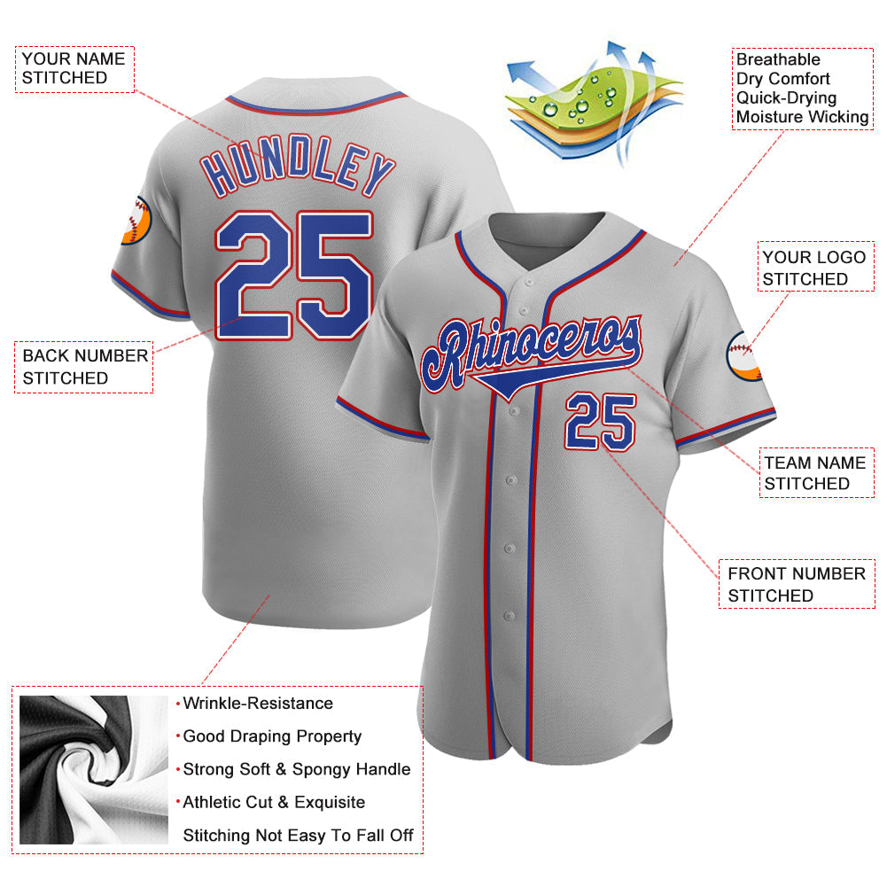 Custom Gray Royal-Red Authentic Baseball Jersey view 3