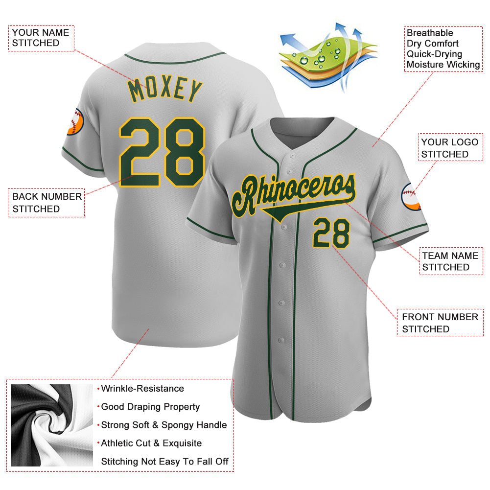 Custom Gray Green-Gold Authentic Baseball Jersey view 3