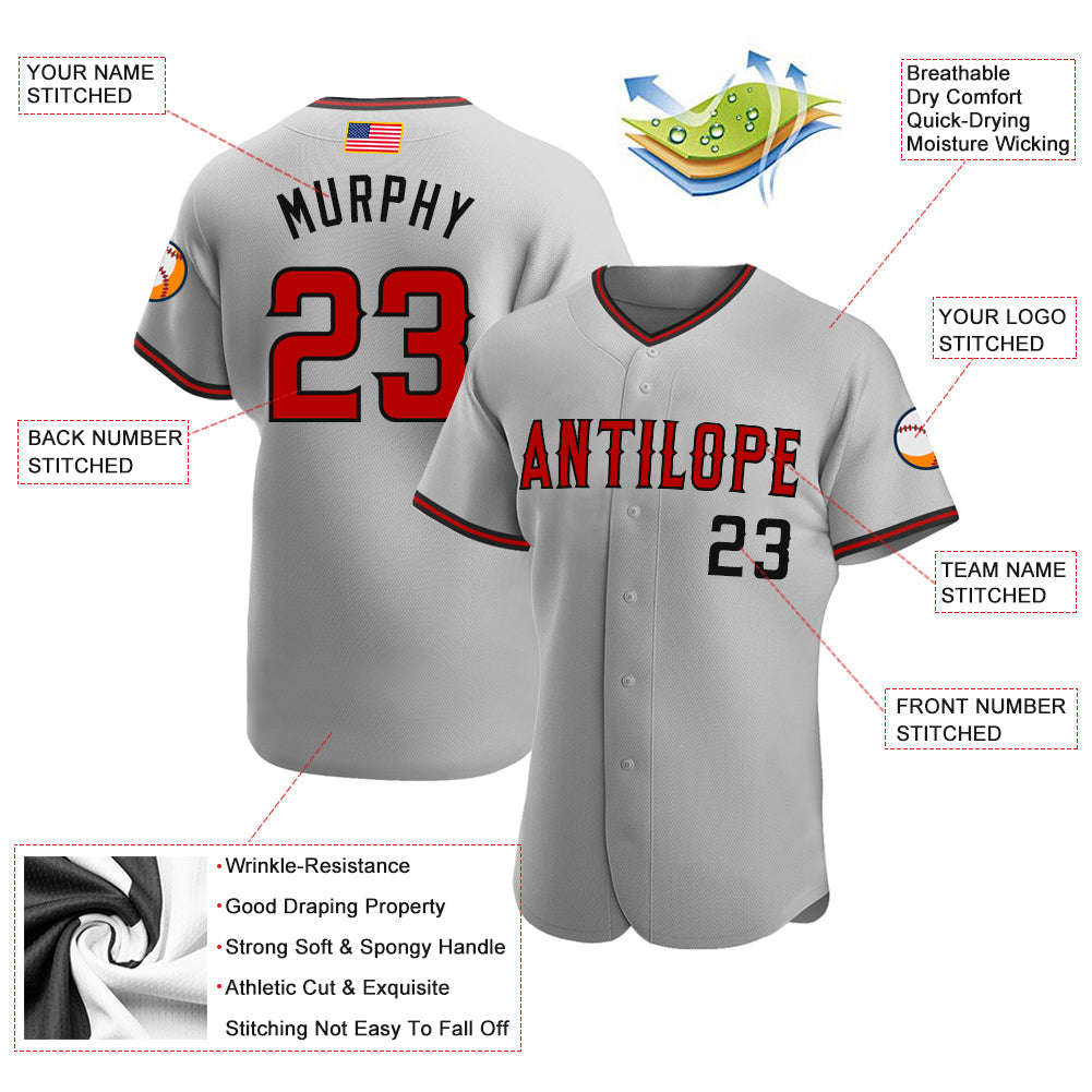 Custom Gray Red-Black Authentic American Flag Fashion Baseball Jersey view 3