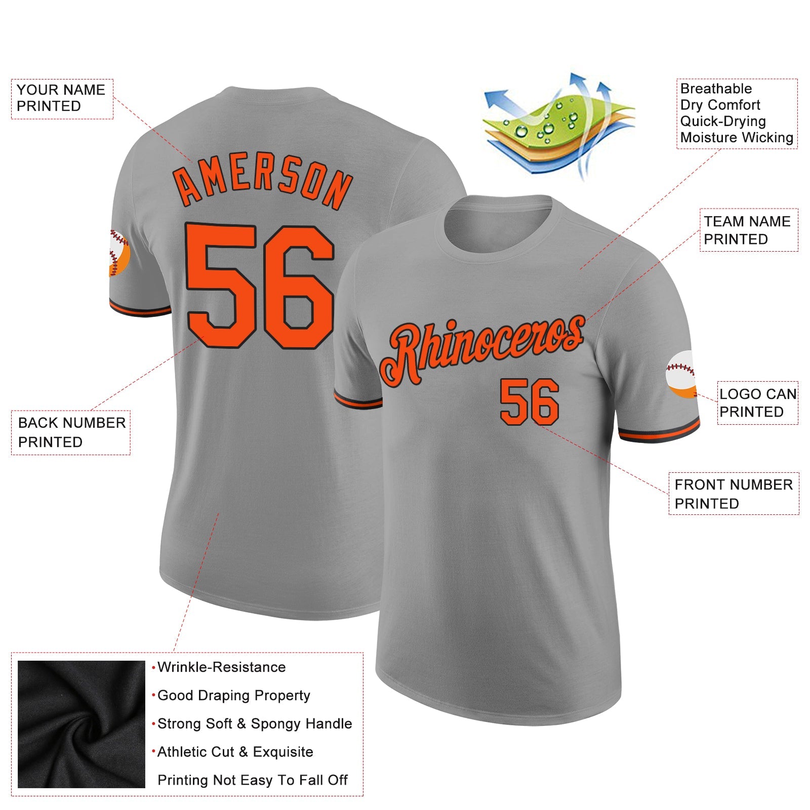 Custom Gray Orange-Black Performance T-Shirt view 2