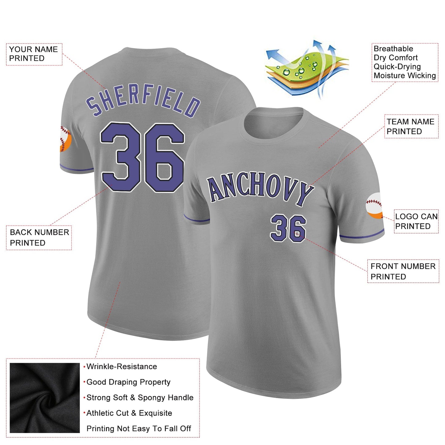 Custom Gray Purple-Black Performance T-Shirt view 2