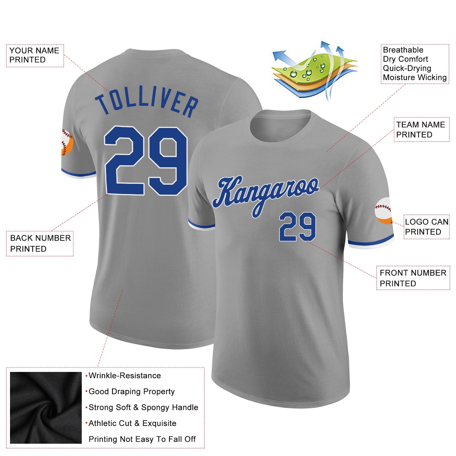 Custom Gray Royal-White Performance T-Shirt view 2