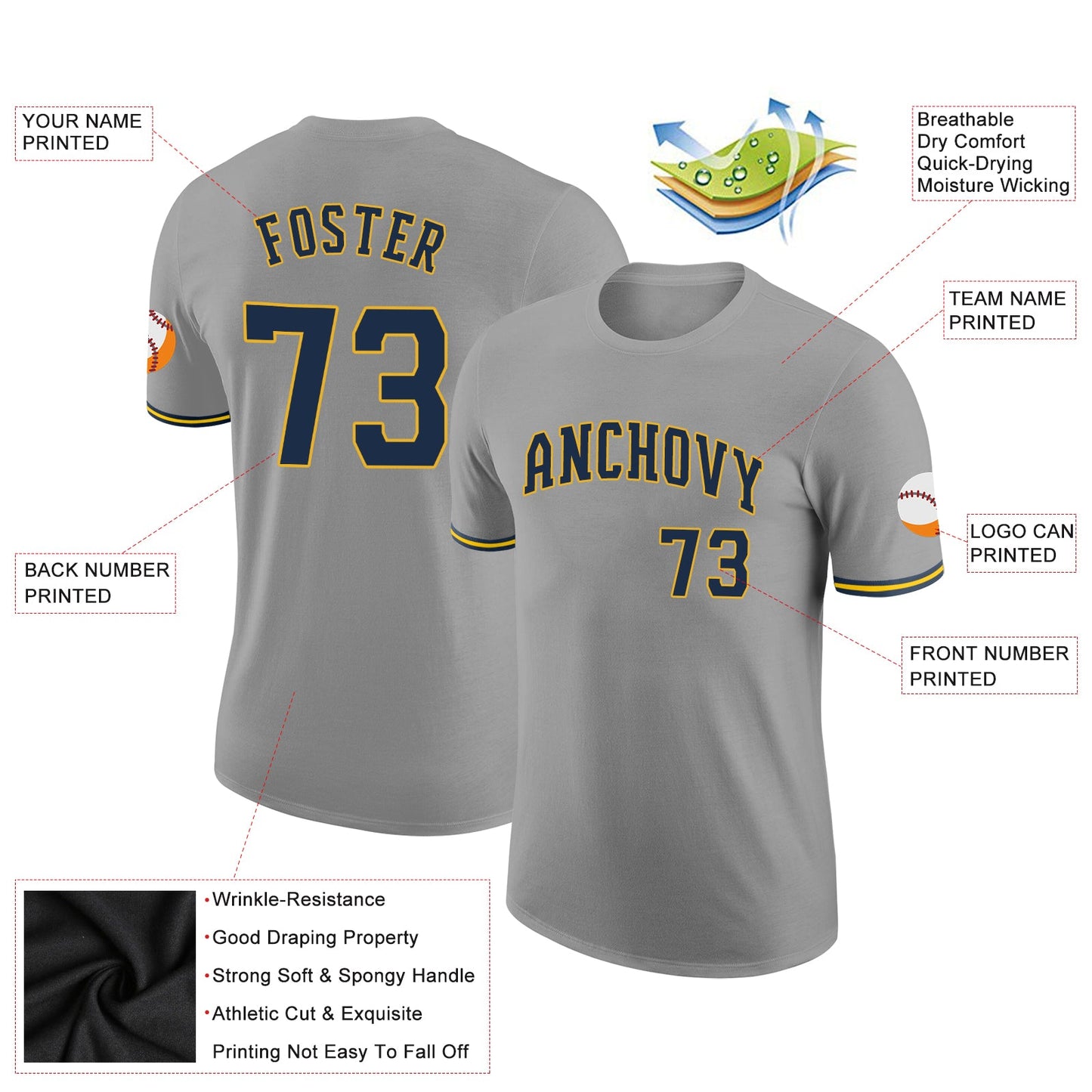 Custom Gray Navy-Gold Performance T-Shirt view 2