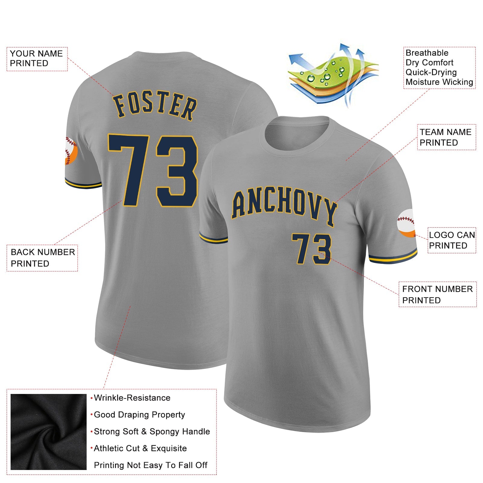 Custom Gray Navy-Gold Performance T-Shirt view 2