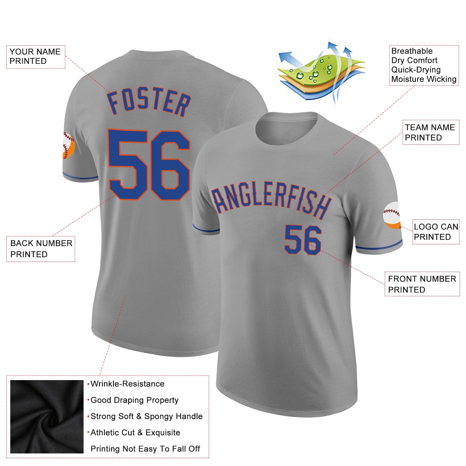 Custom Gray Royal-Orange Performance T-Shirt view 2