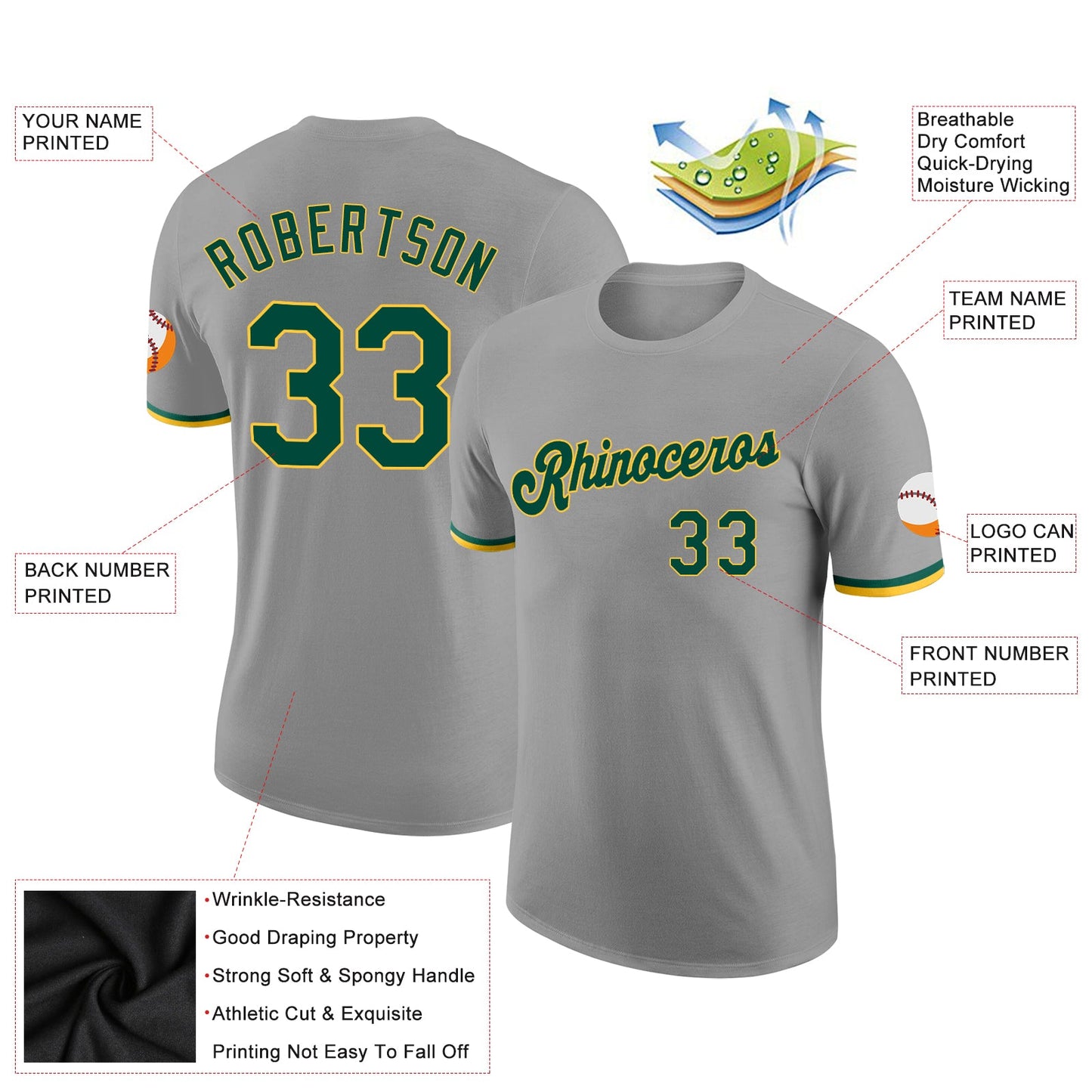 Custom Gray Green-Gold Performance T-Shirt view 2