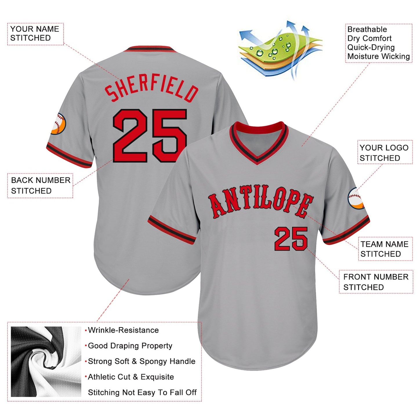 Custom Gray Red-Black Authentic Throwback Rib-Knit Baseball Jersey Shirt view 4