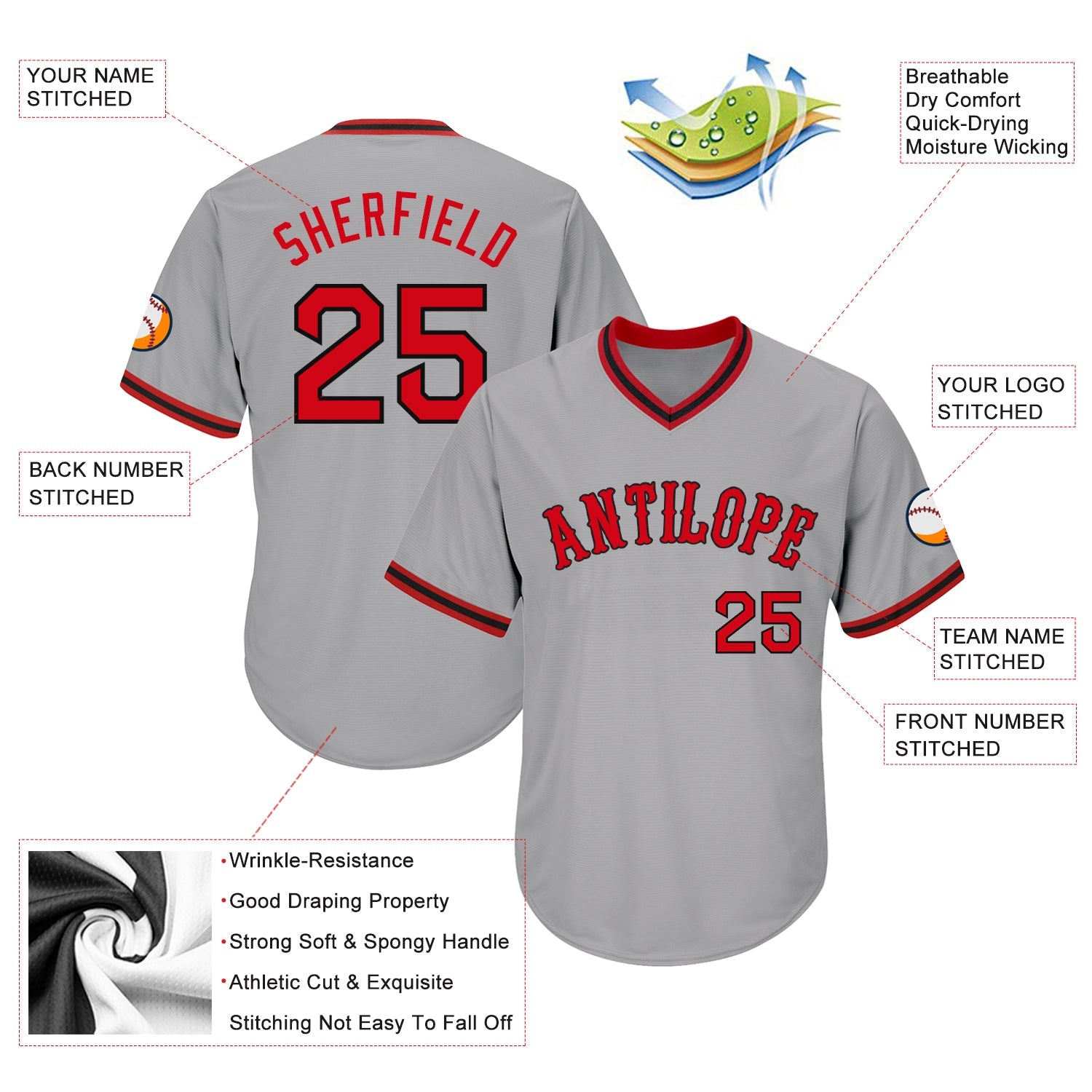 Custom Gray Red-Black Authentic Throwback Rib-Knit Baseball Jersey Shirt view 4