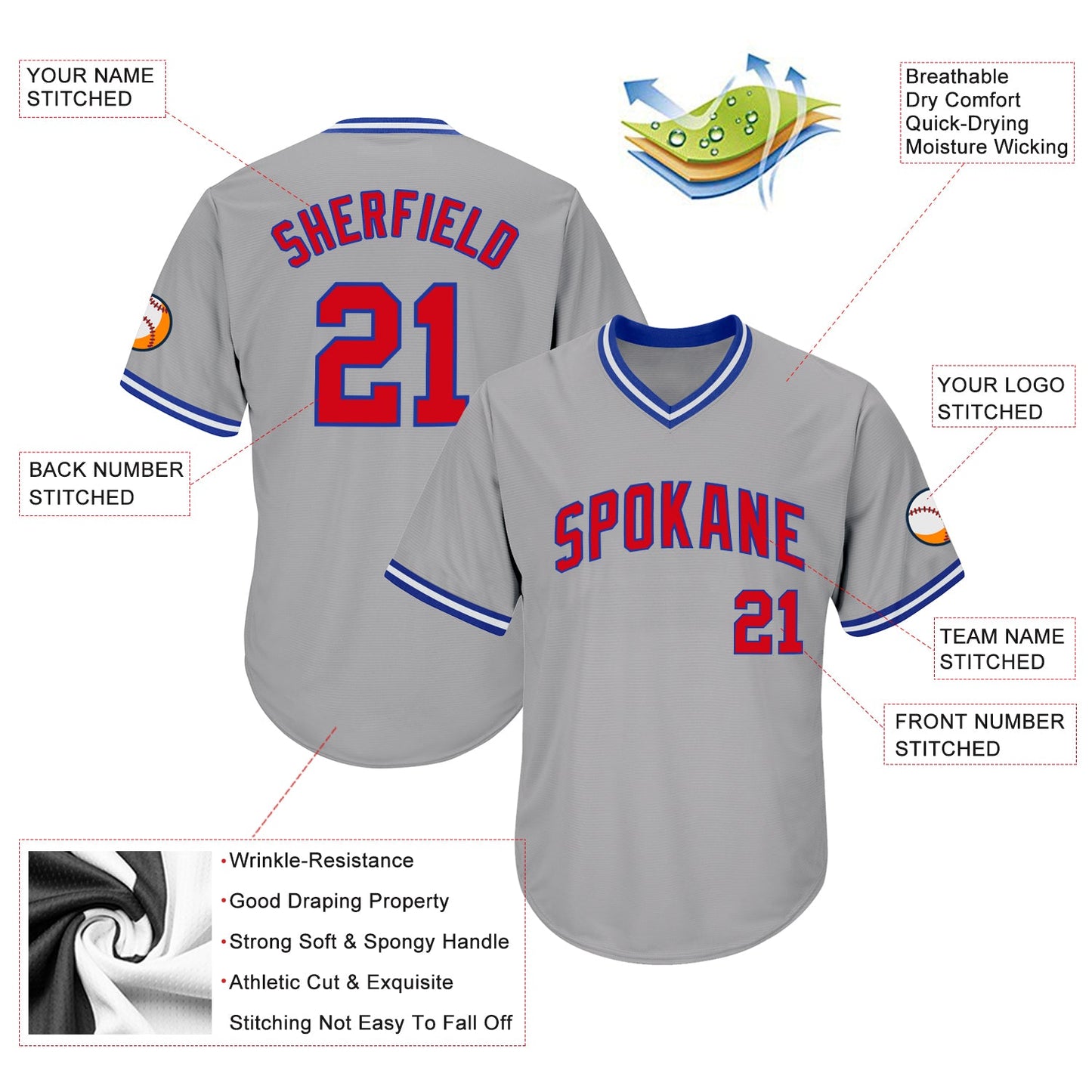 Custom Gray Red-Royal Authentic Throwback Rib-Knit Baseball Jersey Shirt view 4