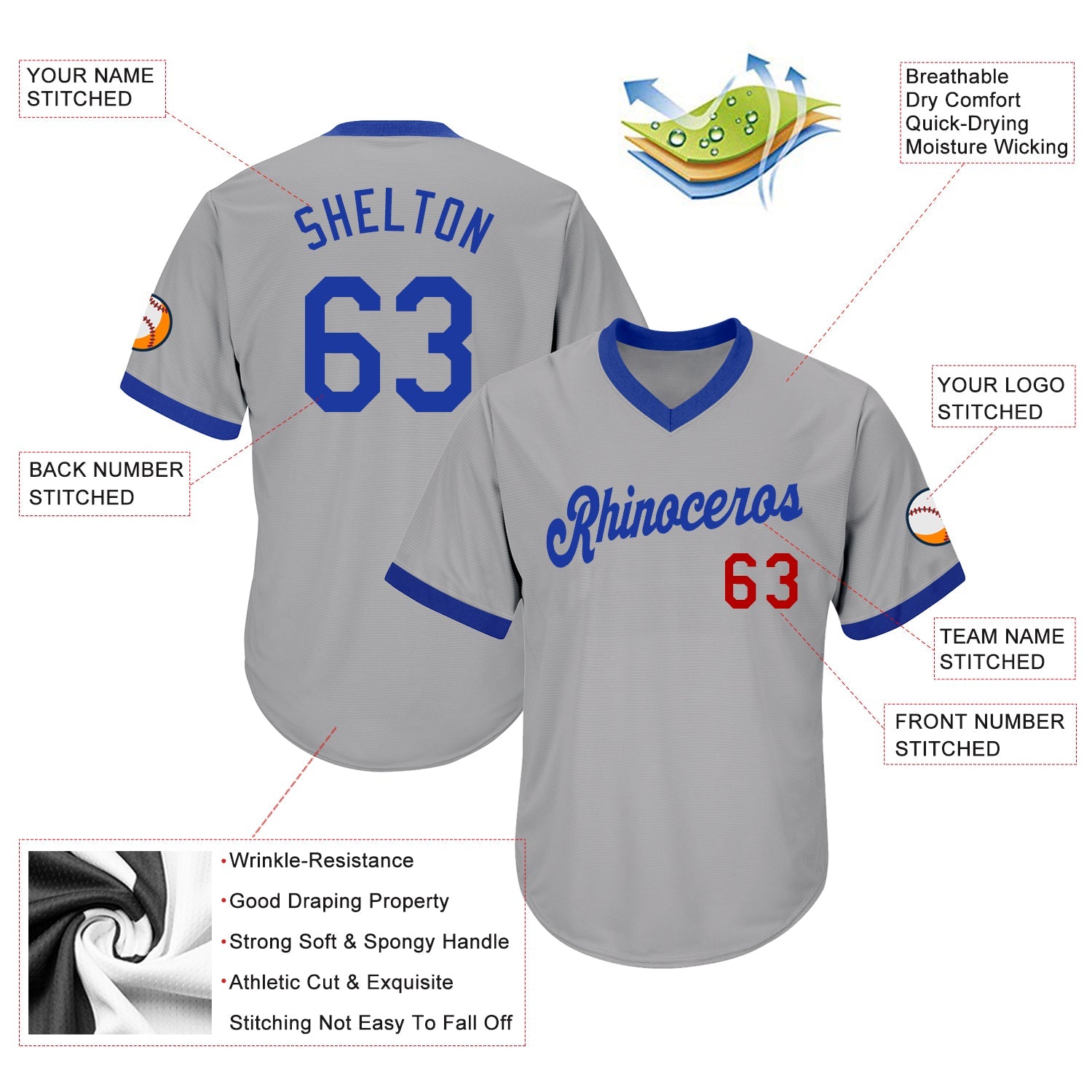 Custom Gray Royal-Red Authentic Throwback Rib-Knit Baseball Jersey Shirt view 4