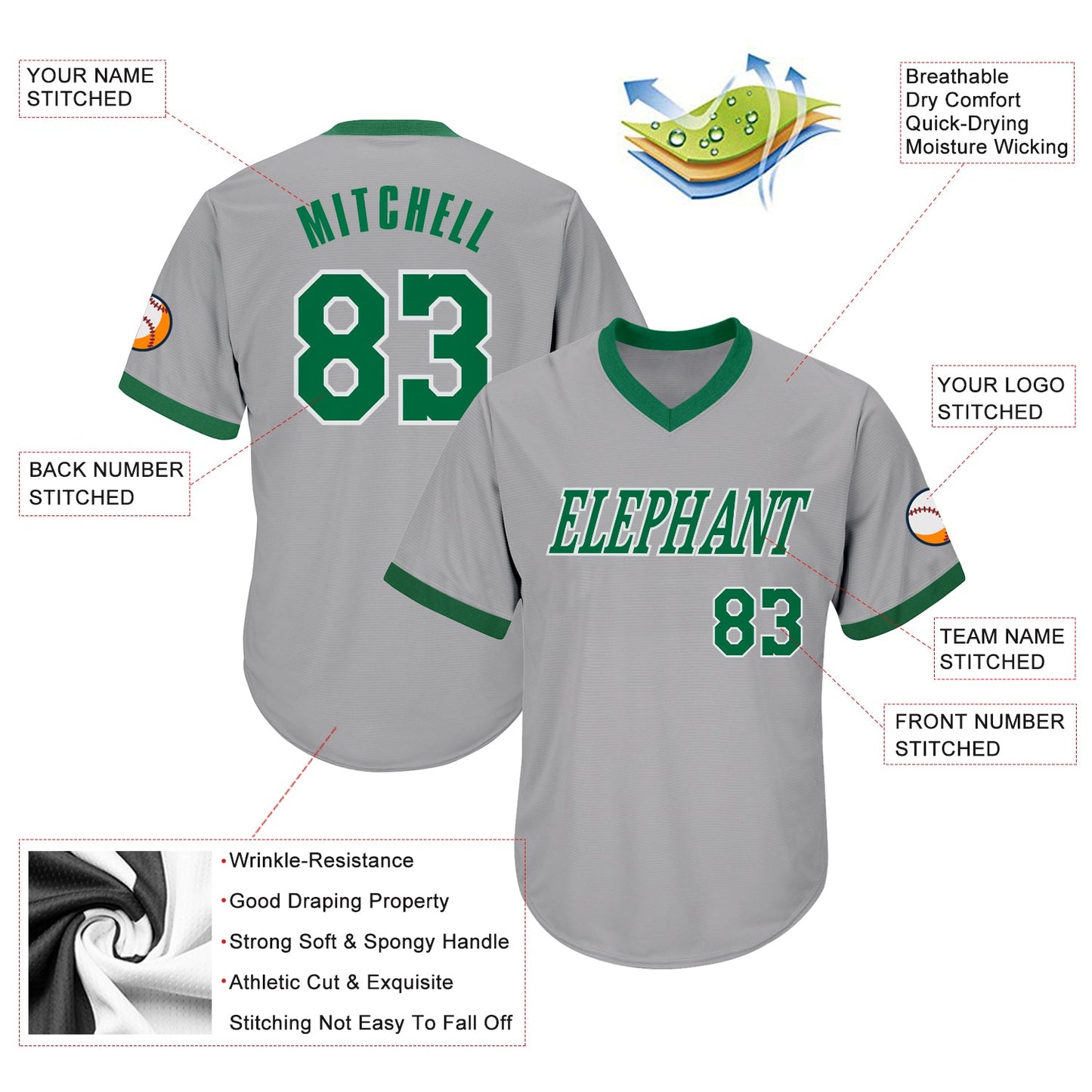Custom Gray Kelly Green-White Authentic Throwback Rib-Knit Baseball Jersey Shirt view 4