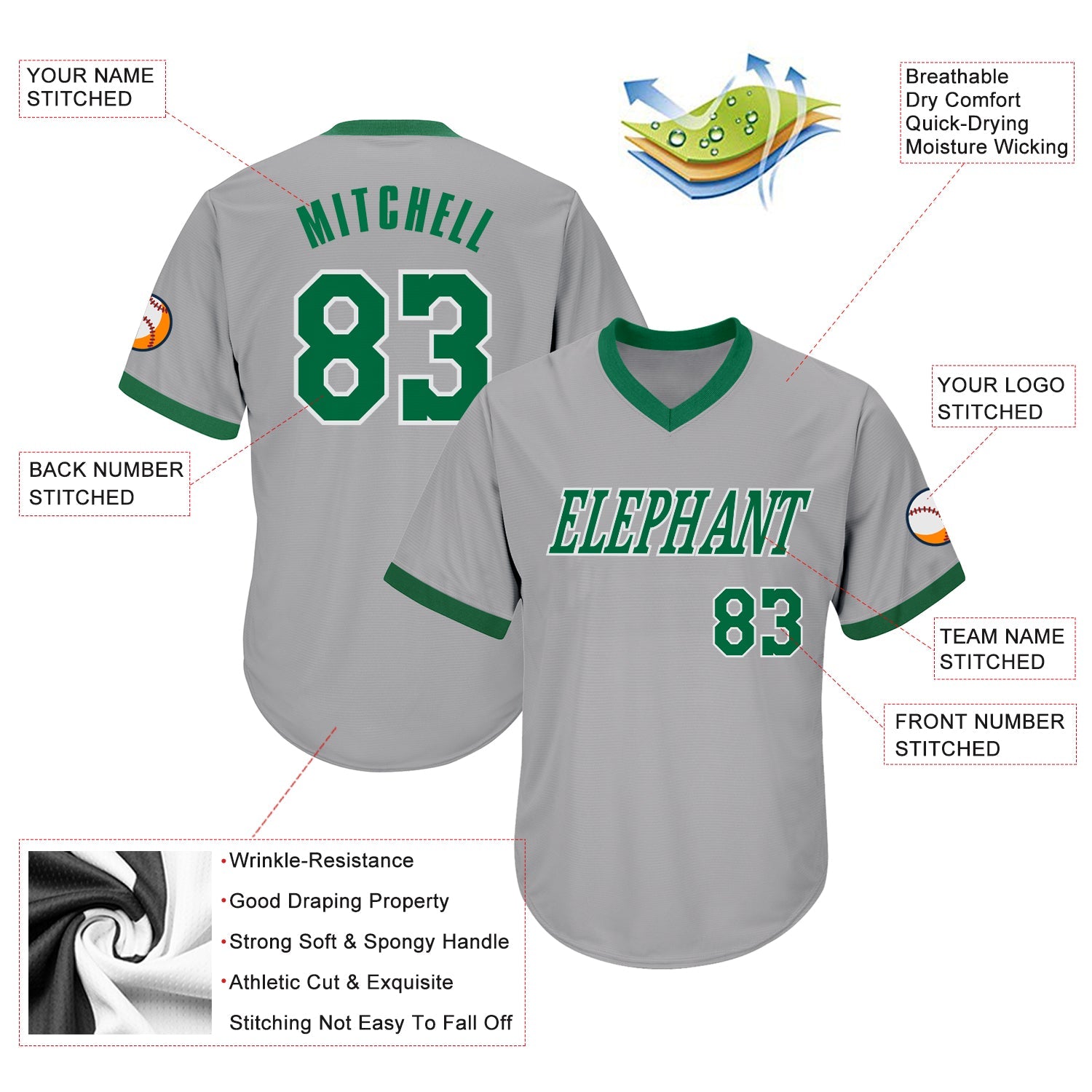 Custom Gray Kelly Green-White Authentic Throwback Rib-Knit Baseball Jersey Shirt view 4