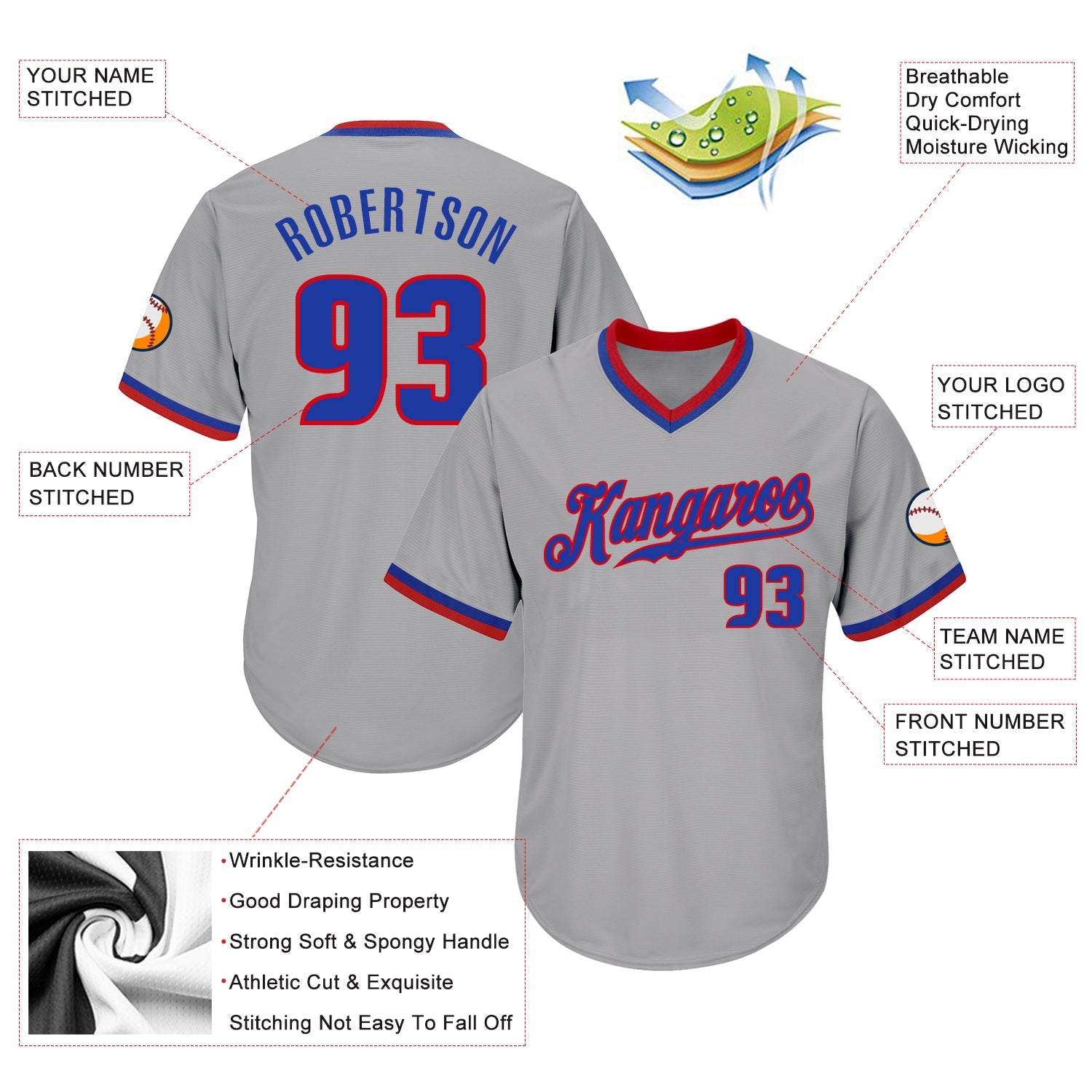 Custom Gray Royal-Red Authentic Throwback Rib-Knit Baseball Jersey Shirt view 4