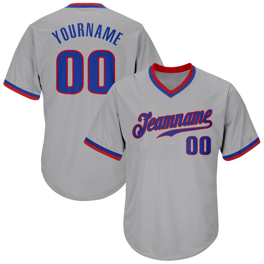 Custom Gray Royal-Red Authentic Throwback Rib-Knit Baseball Jersey Shirt - Main View