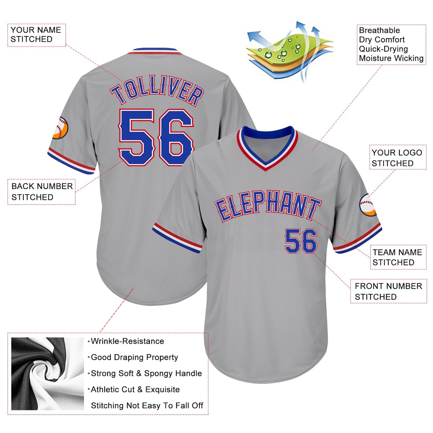 Custom Gray Royal-Red Authentic Throwback Rib-Knit Baseball Jersey Shirt view 4