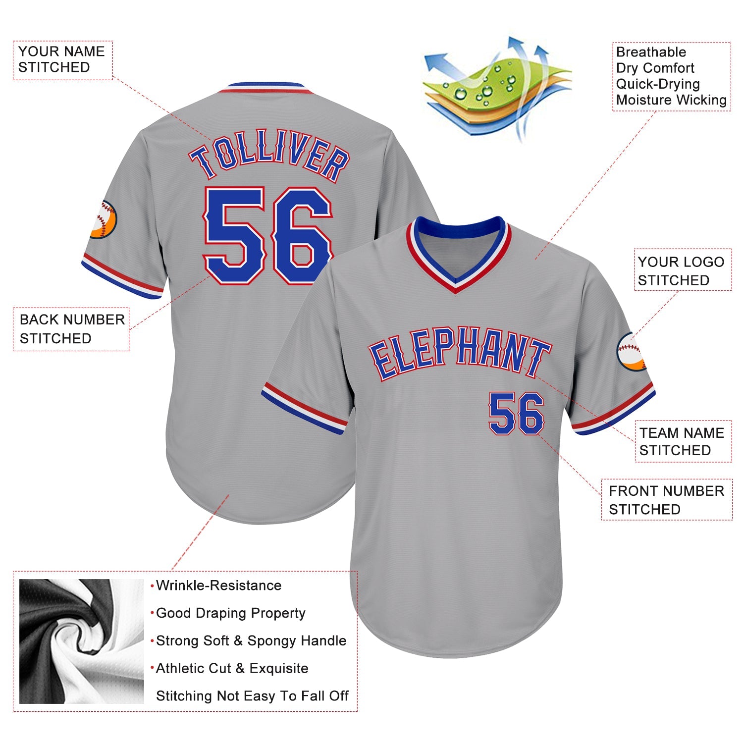 Custom Gray Royal-Red Authentic Throwback Rib-Knit Baseball Jersey Shirt view 4