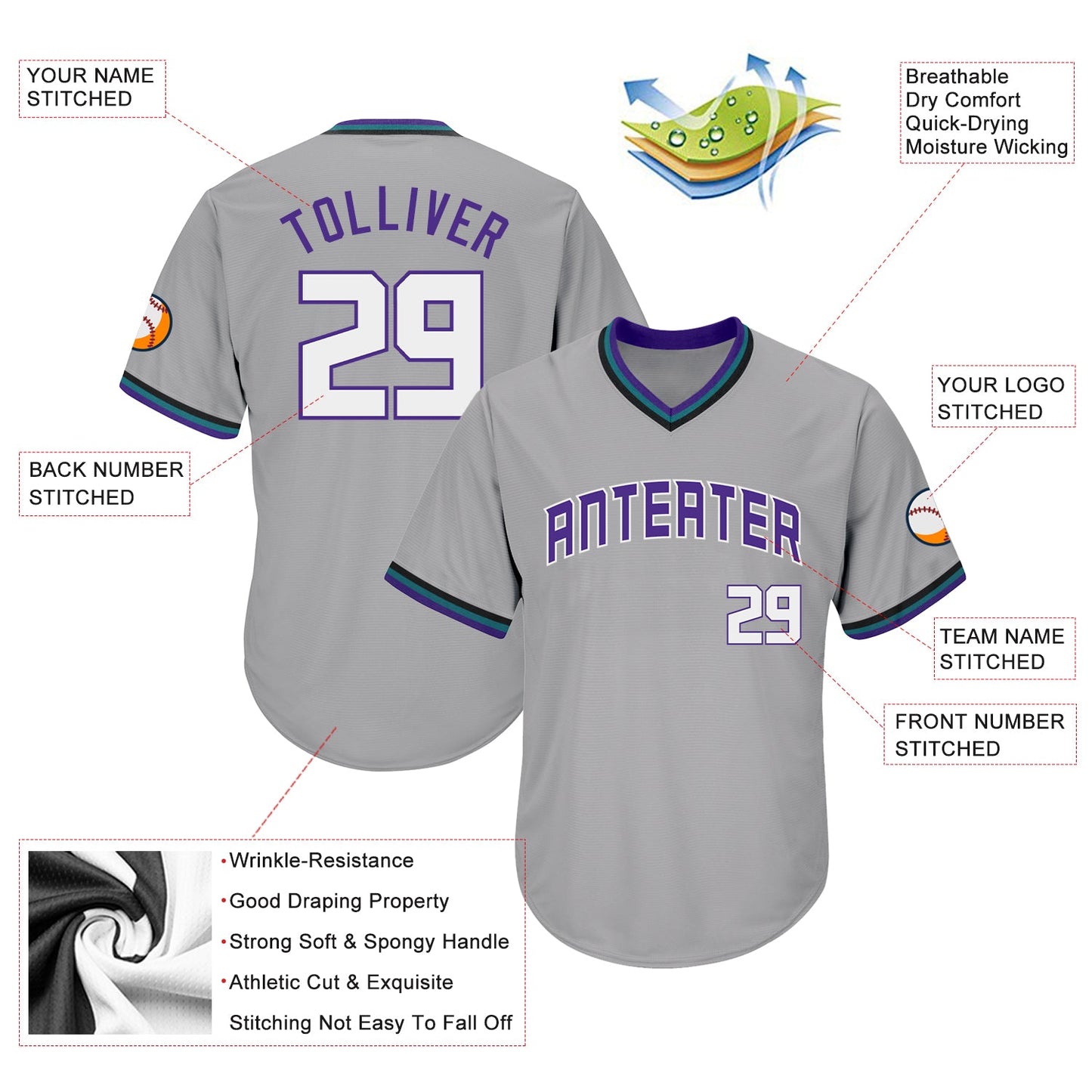 Custom Gray White-Purple Authentic Throwback Rib-Knit Baseball Jersey Shirt view 4
