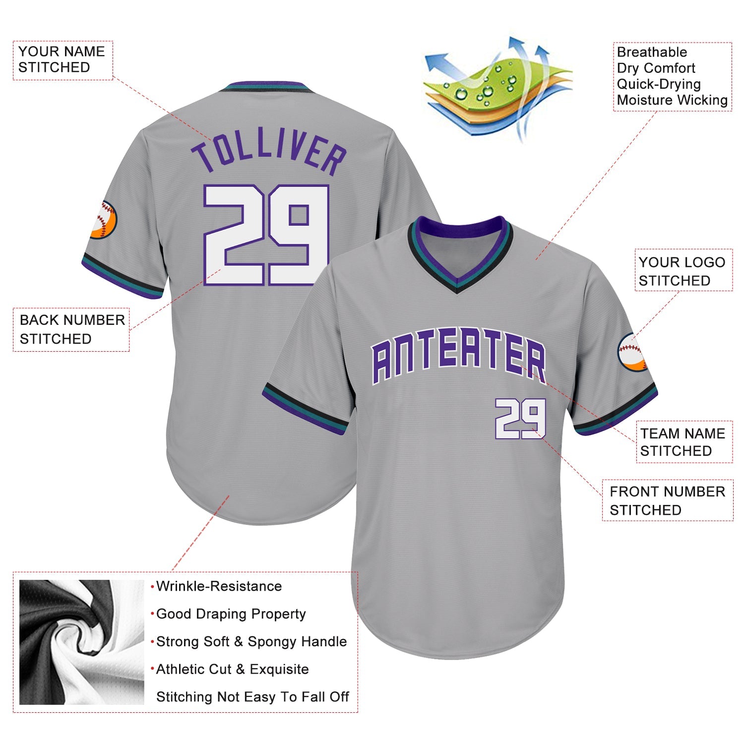 Custom Gray White-Purple Authentic Throwback Rib-Knit Baseball Jersey Shirt view 4