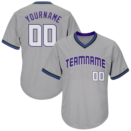 Custom Gray White-Purple Authentic Throwback Rib-Knit Baseball Jersey Shirt - Main View