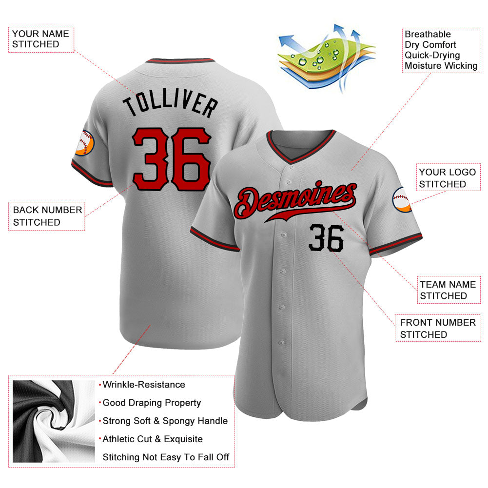 Custom Gray Red-Black Authentic Baseball Jersey view 3