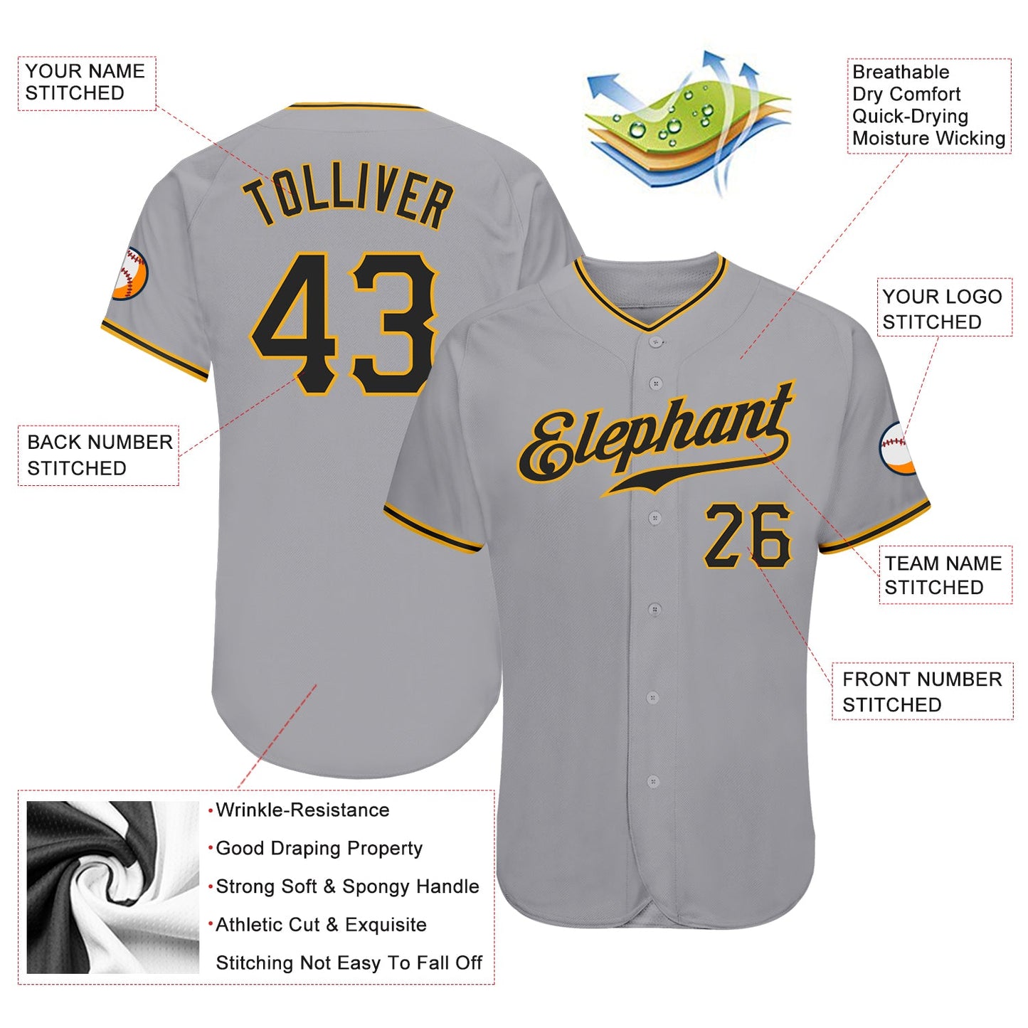 Custom Gray Black-Gold Authentic Baseball Jersey view 3