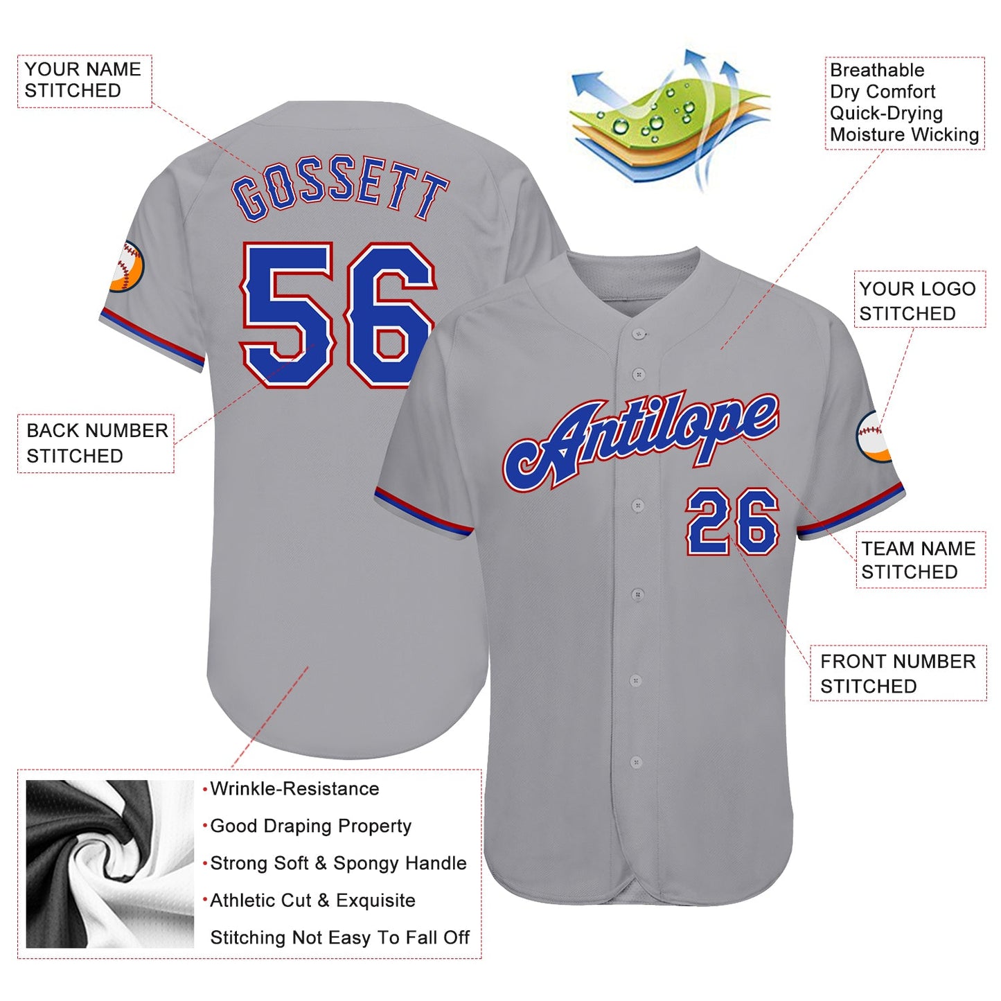 Custom Gray Royal-Red Authentic Baseball Jersey view 3