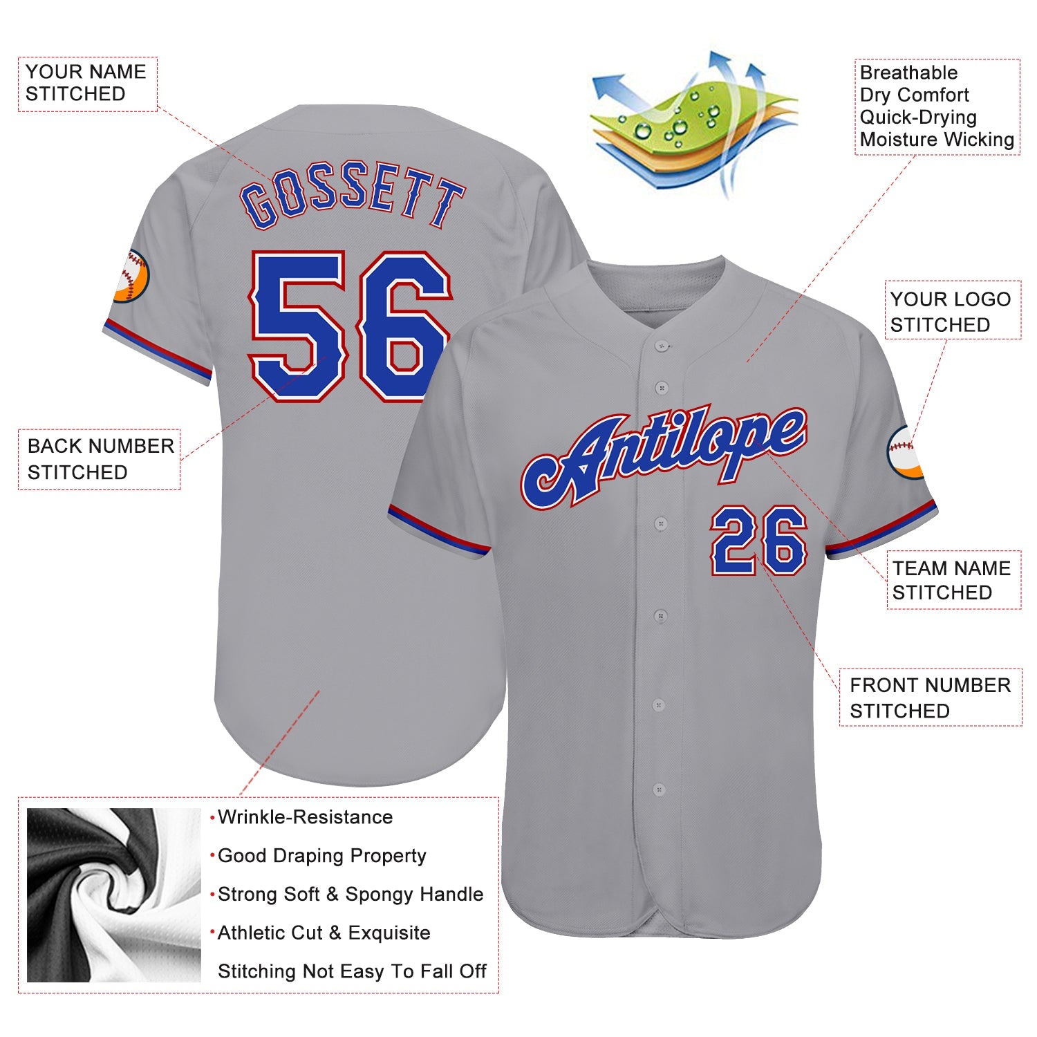Custom Gray Royal-Red Authentic Baseball Jersey view 3