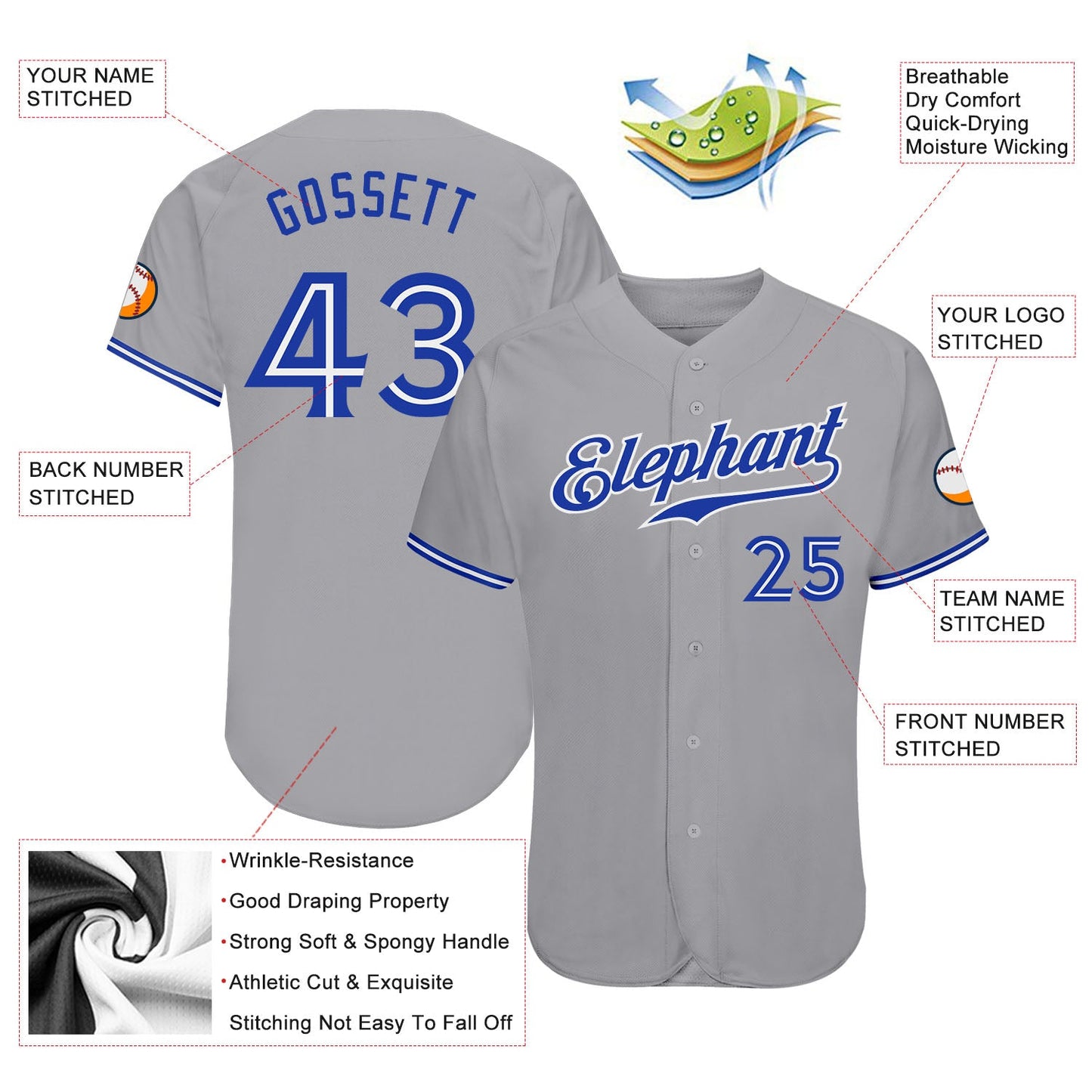 Custom Gray Royal-White Authentic Baseball Jersey view 3