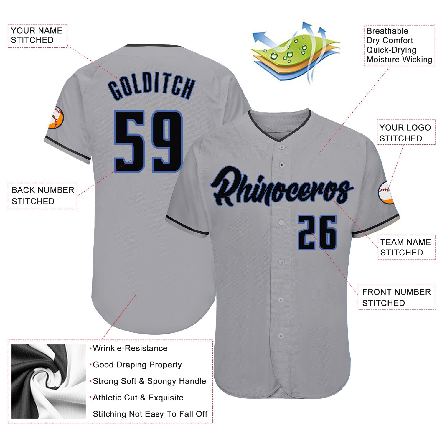Custom Gray Black-Blue Authentic Baseball Jersey view 3