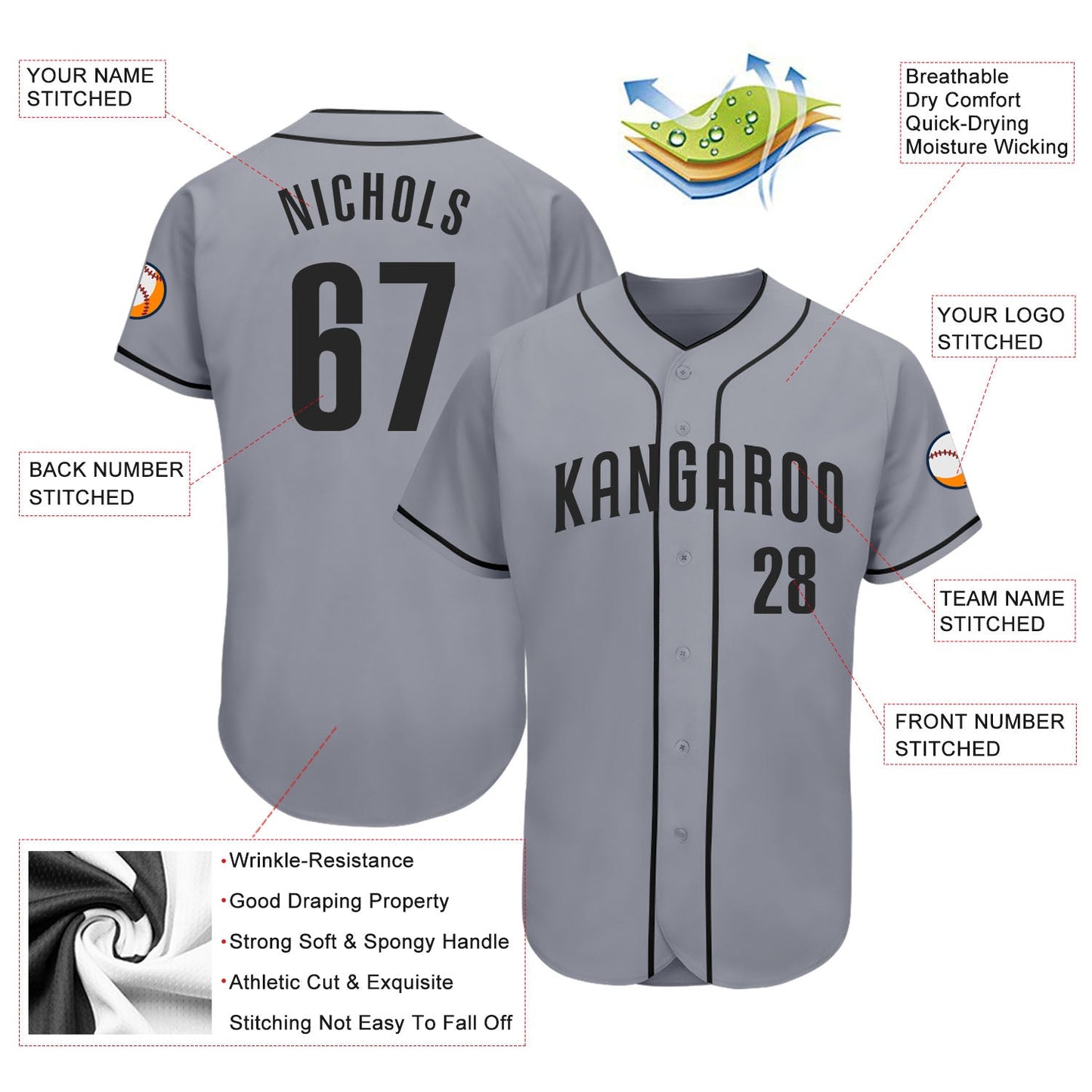 Custom Gray Black Authentic Baseball Jersey view 3
