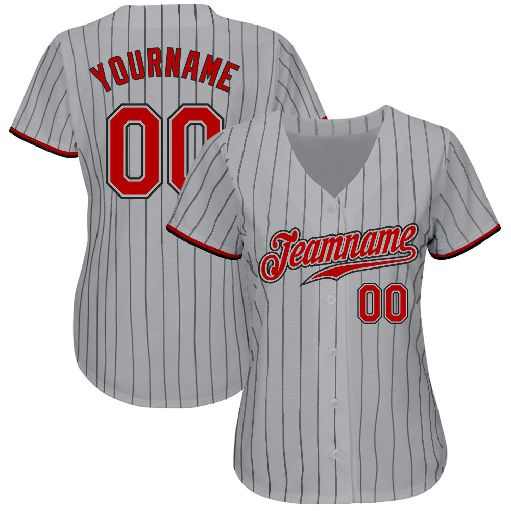 Custom Gray Black Pinstripe Red-Black Authentic Baseball Jersey view 2