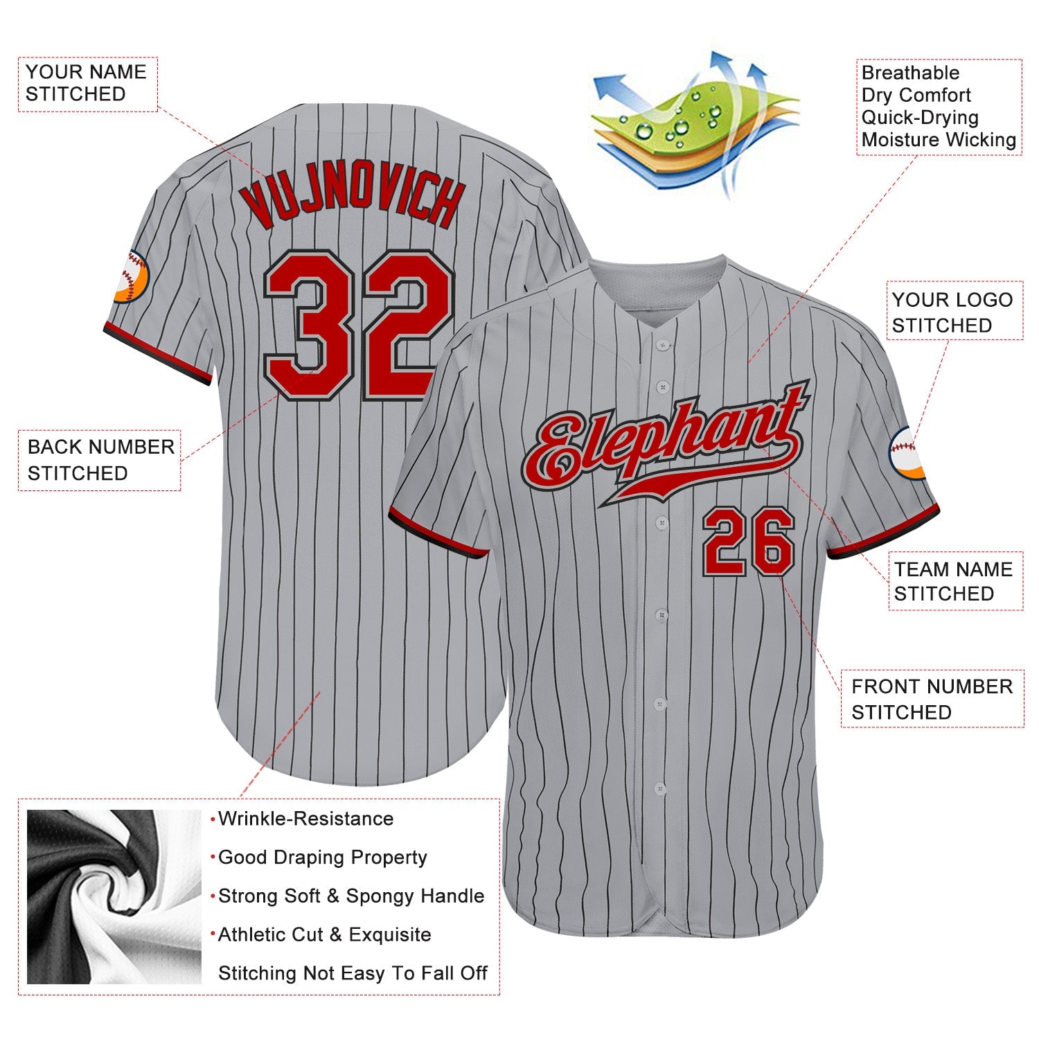 Custom Gray Black Pinstripe Red-Black Authentic Baseball Jersey view 3