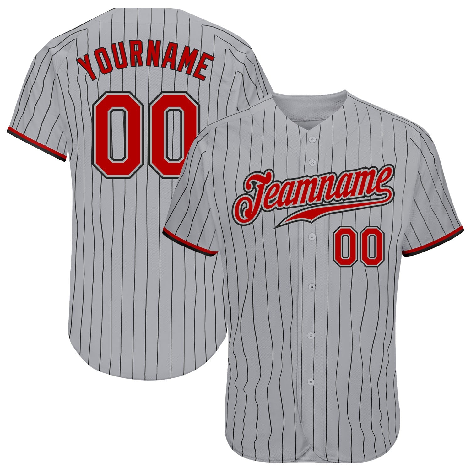 Custom Gray Black Pinstripe Red-Black Authentic Baseball Jersey - Main View