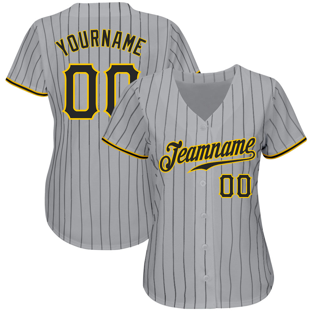 Custom Gray Black Pinstripe Black-Gold Authentic Baseball Jersey view 2