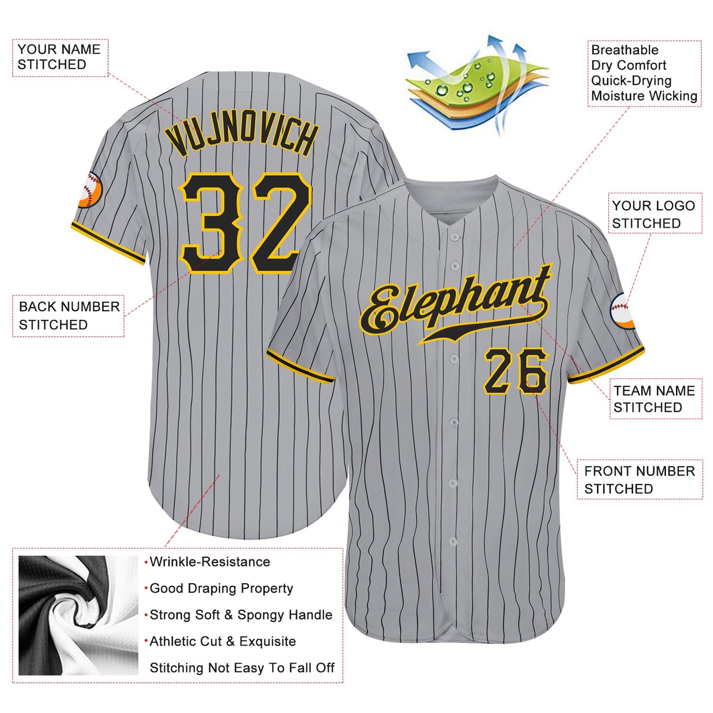 Custom Gray Black Pinstripe Black-Gold Authentic Baseball Jersey view 3