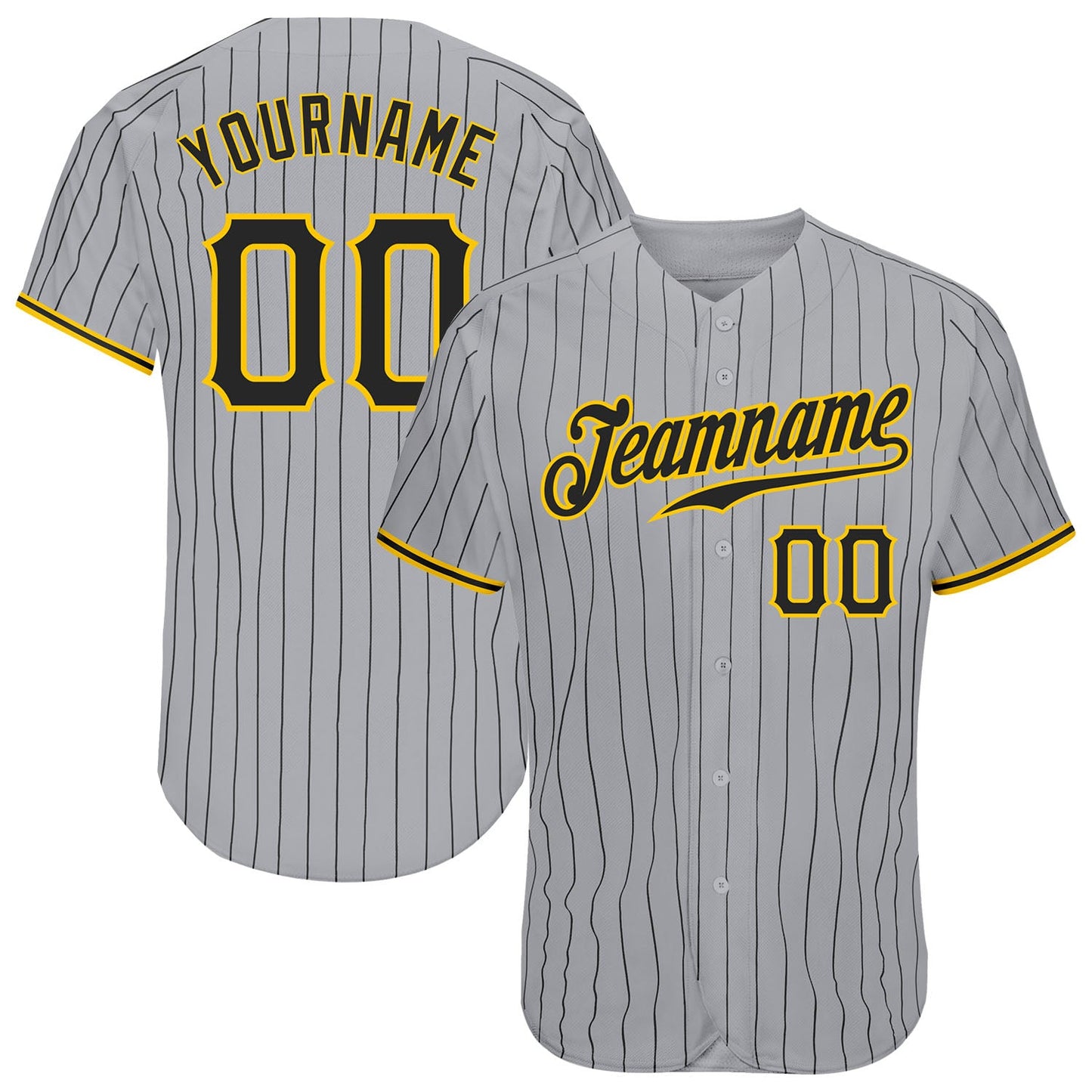 Custom Gray Black Pinstripe Black-Gold Authentic Baseball Jersey - Main View