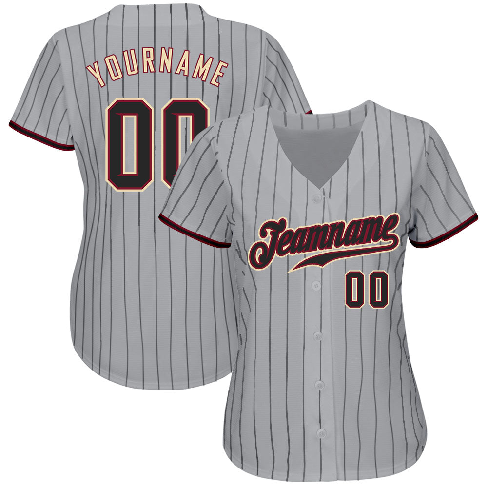 Custom Gray Black Pinstripe Black-Crimson Authentic Baseball Jersey view 2