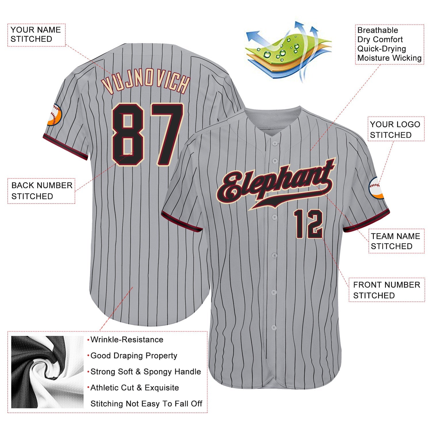 Custom Gray Black Pinstripe Black-Crimson Authentic Baseball Jersey view 3