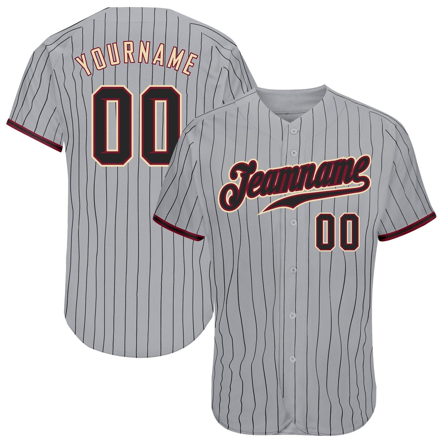 Custom Gray Black Pinstripe Black-Crimson Authentic Baseball Jersey - Main View
