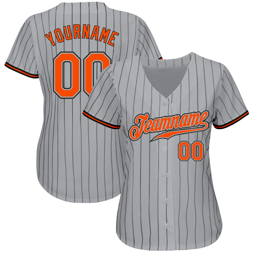 Custom Gray Black Pinstripe Orange-Black Authentic Baseball Jersey view 2