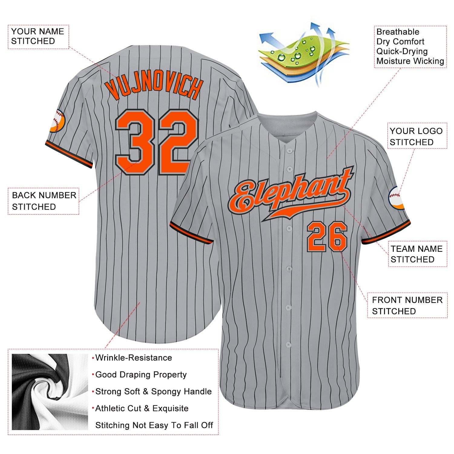 Custom Gray Black Pinstripe Orange-Black Authentic Baseball Jersey view 3