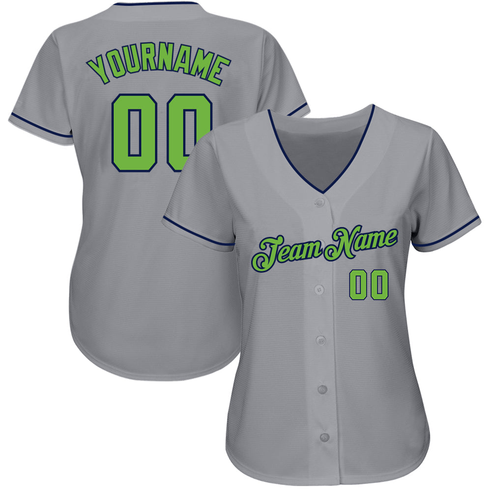 Custom Gray Neon Green-Navy Authentic Baseball Jersey view 2