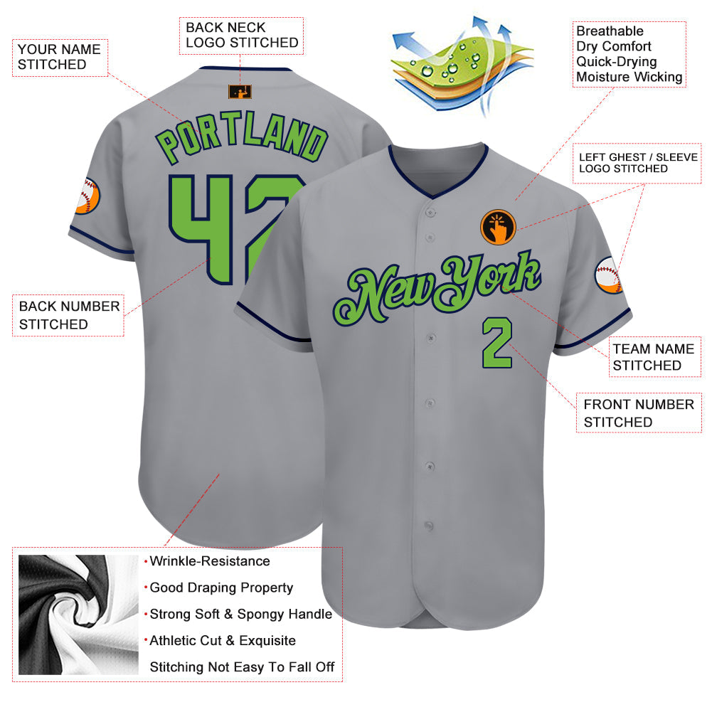 Custom Gray Neon Green-Navy Authentic Baseball Jersey view 3