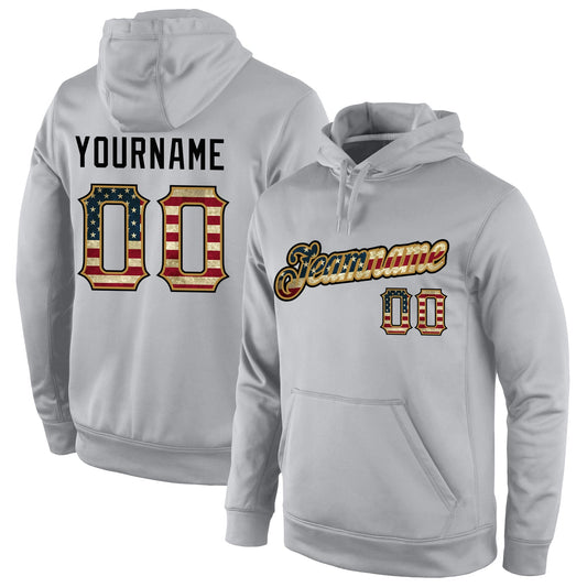 Custom Stitched Gray Vintage USA Flag-Old Gold Sports Pullover Sweatshirt Hoodie - Main View